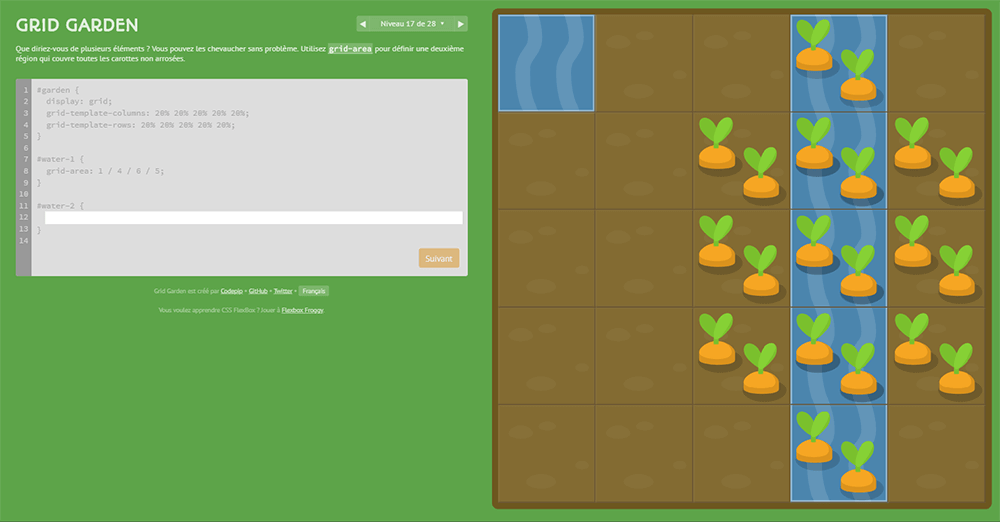 Grid Garden, where you write CSS code to grow your carrot garden !