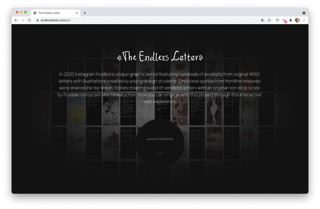 Screenshoot de la home page du site The endless letter