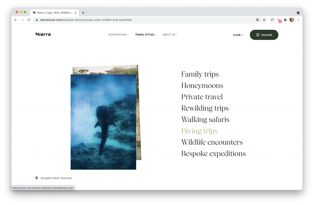 Screenshoot du menu du site Niarra Travel